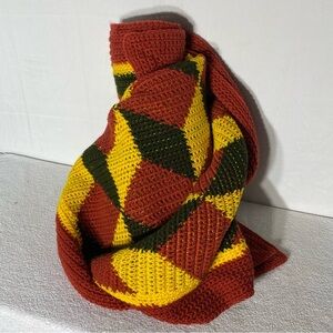 Vintage Handmade Red Yellow Green Geometric Pattern Crochet Afghan Blanket
